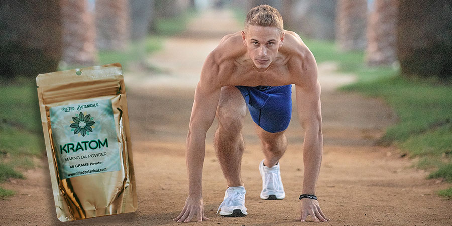 kratom powder package beside a shirtless man getting ready to sprint