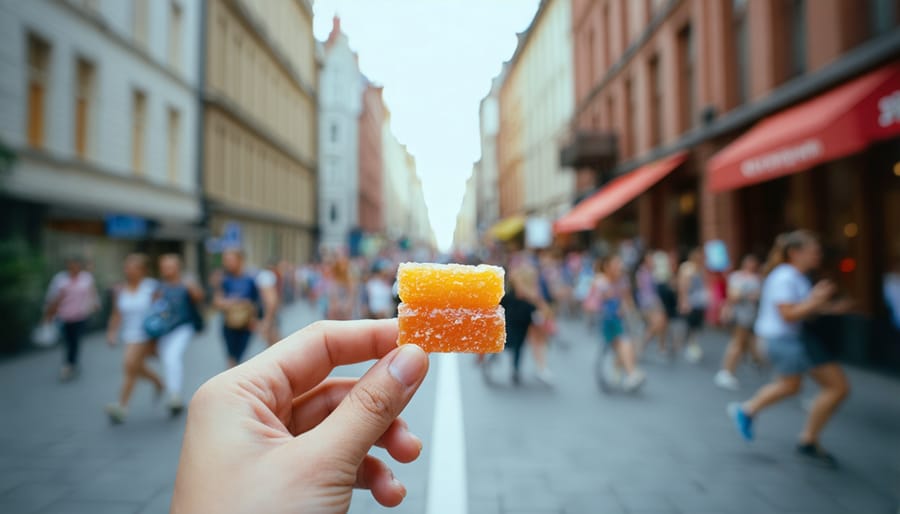 Person holding a portion of freeze-dried candy with a cityscape in the background, highlighting portability