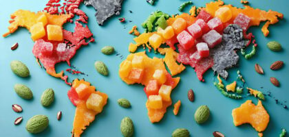 A selection of colorful international healthy candies, including green matcha mochi and white coconut cocadas, displayed over a world map, highlighting the global nature of healthy candy swaps.