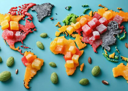 A selection of colorful international healthy candies, including green matcha mochi and white coconut cocadas, displayed over a world map, highlighting the global nature of healthy candy swaps.