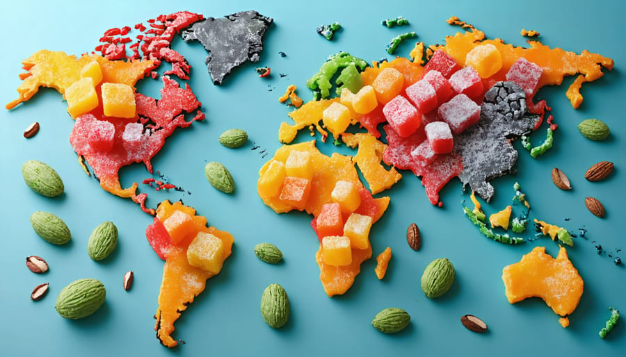 A selection of colorful international healthy candies, including green matcha mochi and white coconut cocadas, displayed over a world map, highlighting the global nature of healthy candy swaps.