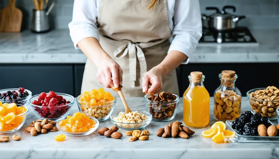 Natural ingredients arranged on a kitchen counter for making healthy international candies.