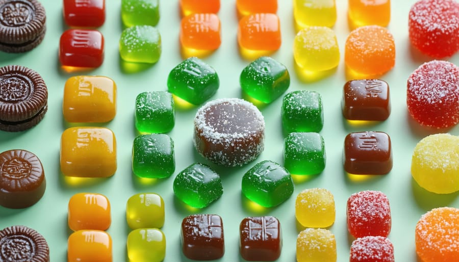 Assorted healthy international candies, with various colors and natural ingredients.