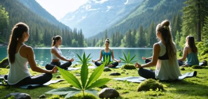 A diverse group of women practicing yoga and meditation in a lush British Columbia landscape with elegant cannabis leaves subtly incorporated in the background to represent the integration of cannabis into women’s wellness routines.