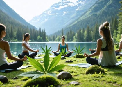 A diverse group of women practicing yoga and meditation in a lush British Columbia landscape with elegant cannabis leaves subtly incorporated in the background to represent the integration of cannabis into women’s wellness routines.