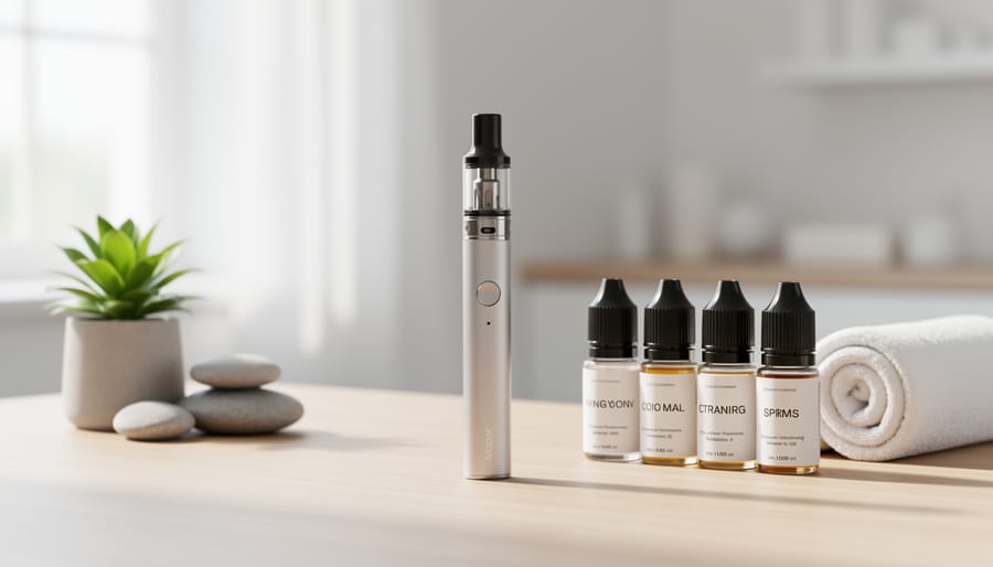 A vape device and small e-liquid bottles arranged on a wooden table in a bright room