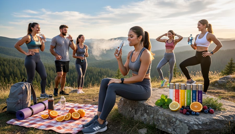 Person resting after a hike outdoors in a misty forest setting while holding a vape device