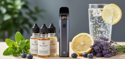 Close-up lifestyle photo of vape device and wellness e-liquid bottles on a wooden surface with mint, lavender, lemon, and blueberries in soft natural light.