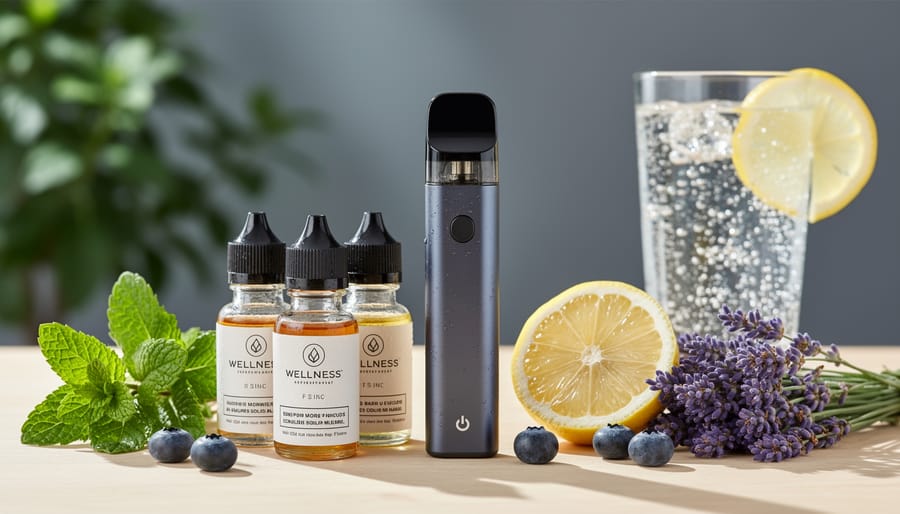 Close-up lifestyle photo of vape device and wellness e-liquid bottles on a wooden surface with mint, lavender, lemon, and blueberries in soft natural light.